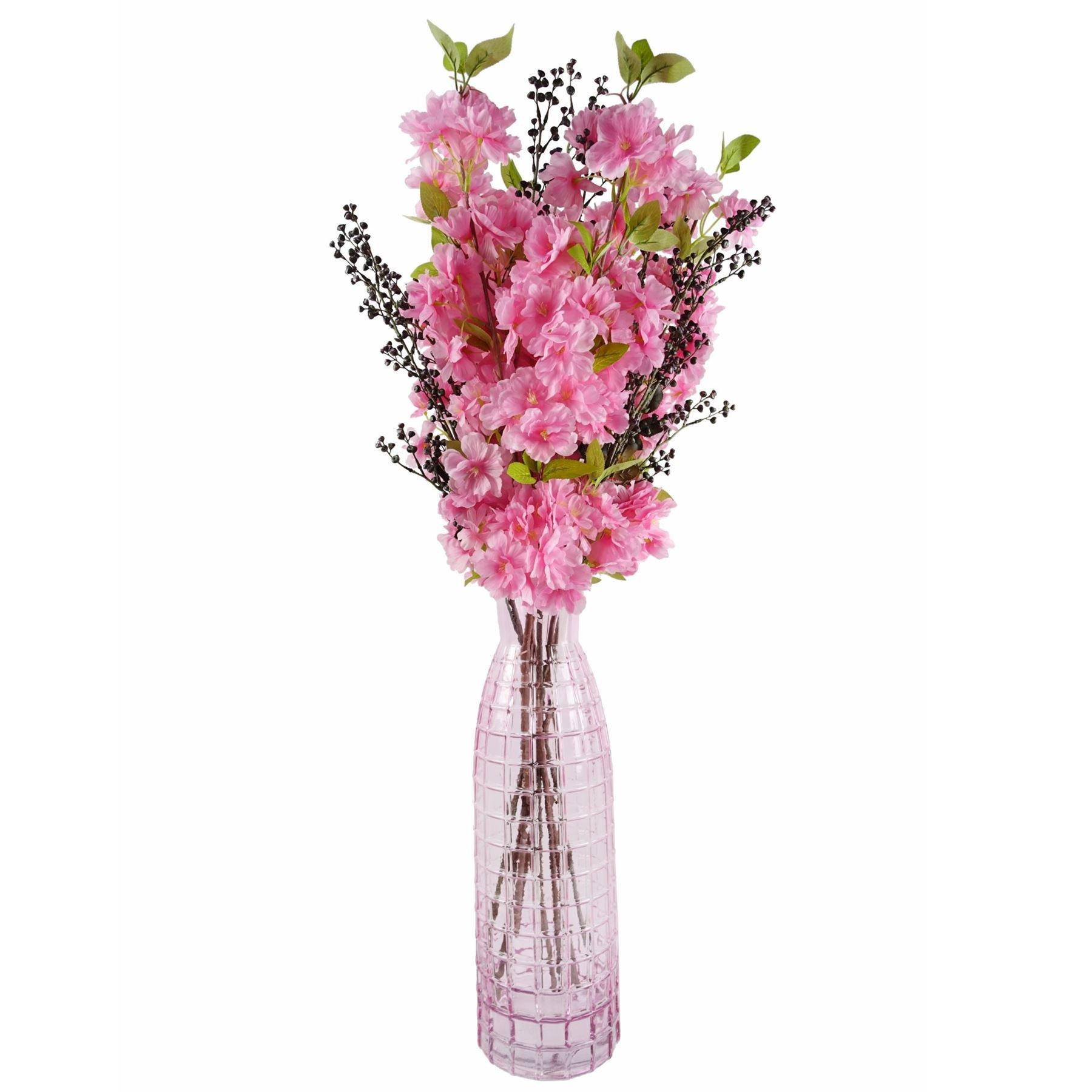 Leaf 100cm Pink Artificial Blossom and Berries Glass Vase